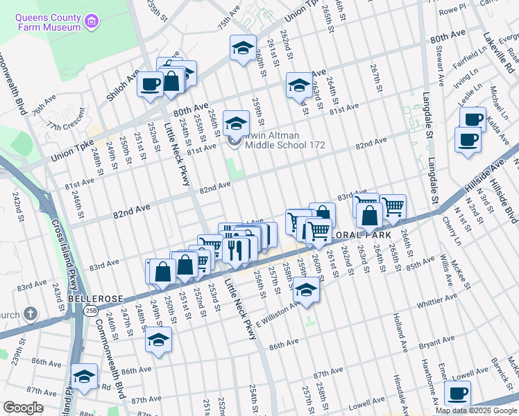 map of restaurants, bars, coffee shops, grocery stores, and more near 257-02 83rd Avenue in Queens