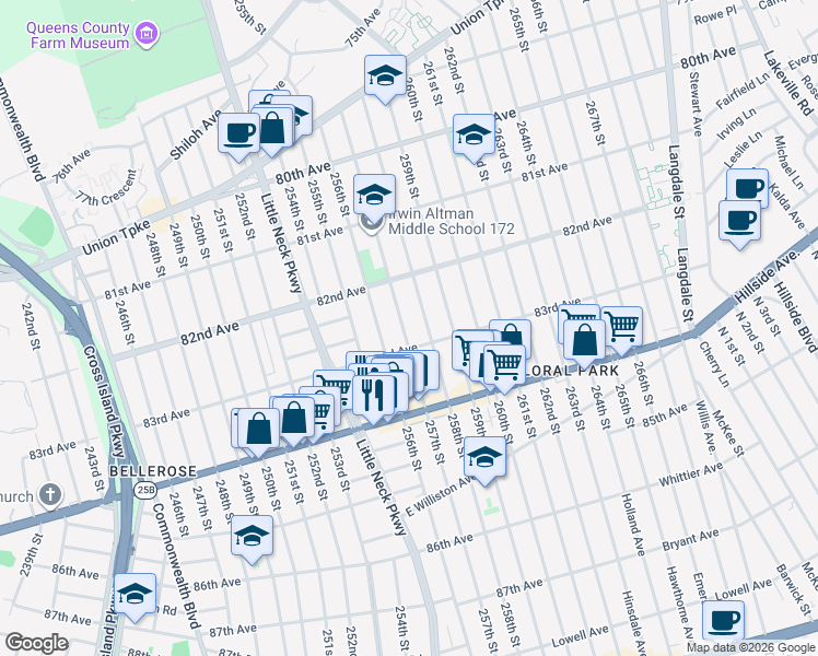 map of restaurants, bars, coffee shops, grocery stores, and more near 257-02 83rd Avenue in Queens