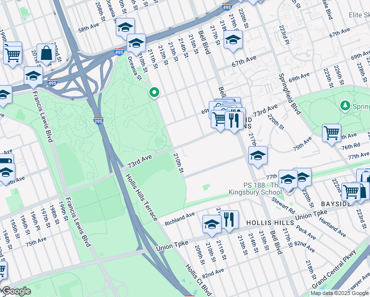 map of restaurants, bars, coffee shops, grocery stores, and more near 73-11 210th Street in Queens