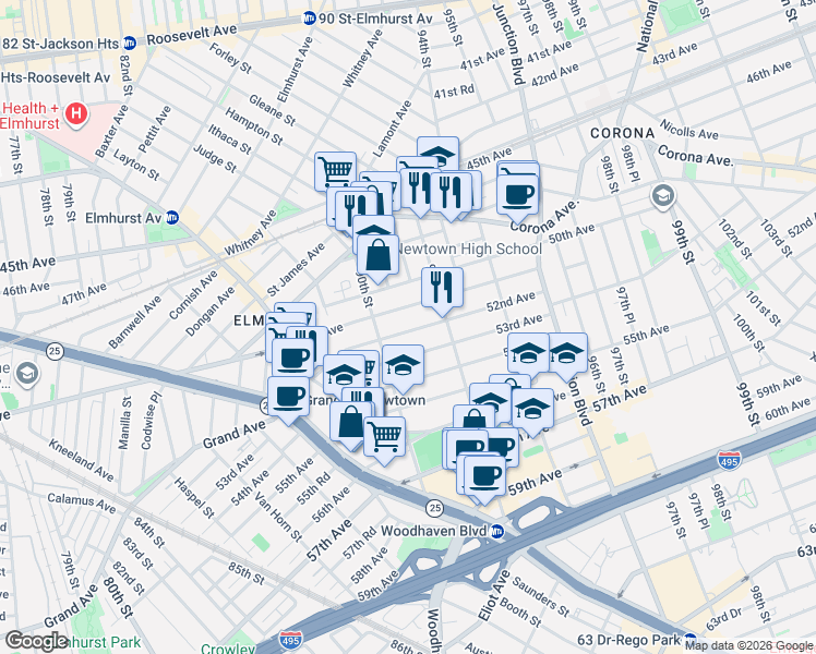 map of restaurants, bars, coffee shops, grocery stores, and more near 90-47 53rd Avenue in Queens
