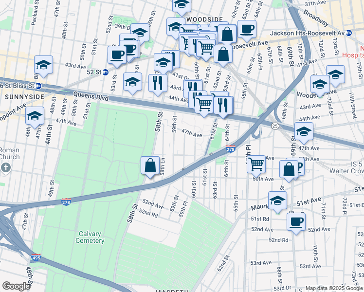 map of restaurants, bars, coffee shops, grocery stores, and more near 59-38 48th Avenue in Queens