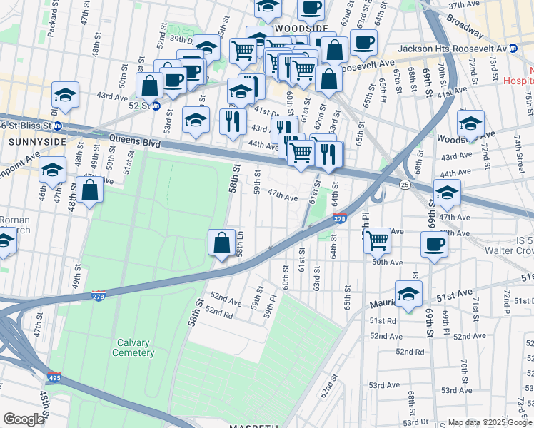 map of restaurants, bars, coffee shops, grocery stores, and more near 4802 59th Street in Queens