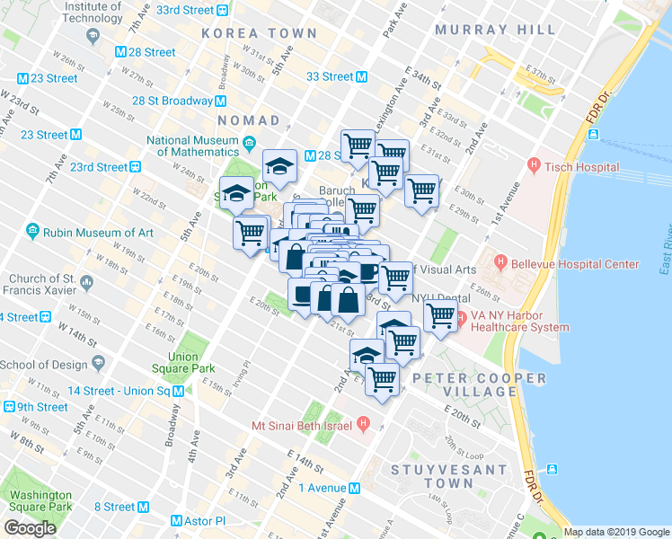 map of restaurants, bars, coffee shops, grocery stores, and more near 297 3rd Avenue in New York