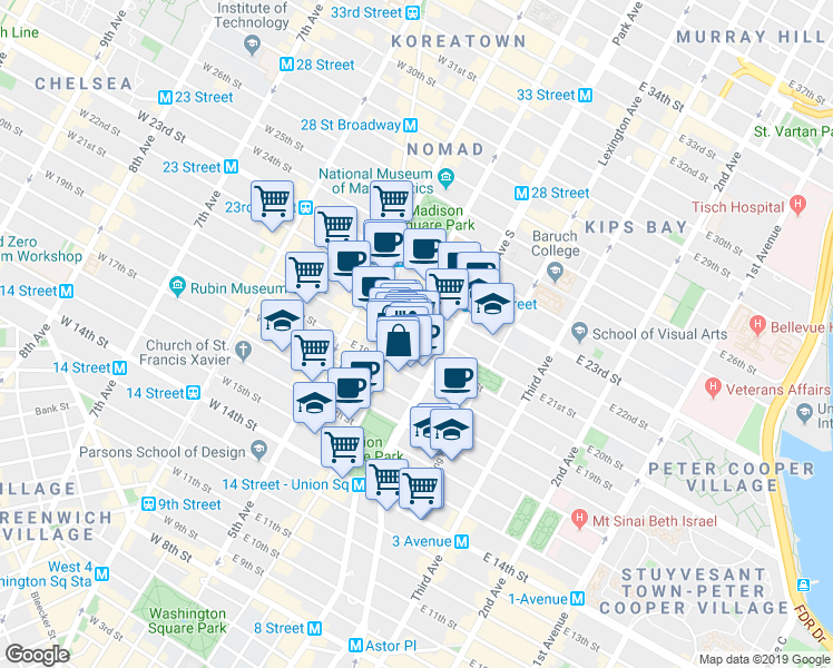 map of restaurants, bars, coffee shops, grocery stores, and more near 30 East 20th Street in New York
