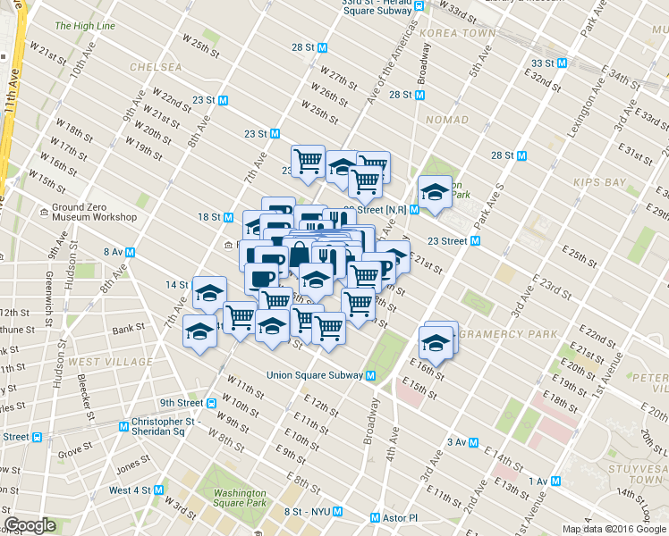 map of restaurants, bars, coffee shops, grocery stores, and more near 27 West 17th Street in New York