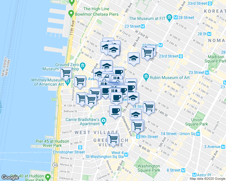 map of restaurants, bars, coffee shops, grocery stores, and more near 121 Greenwich Avenue in New York