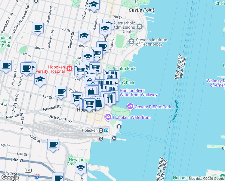 map of restaurants, bars, coffee shops, grocery stores, and more near 221 River Street in Hoboken