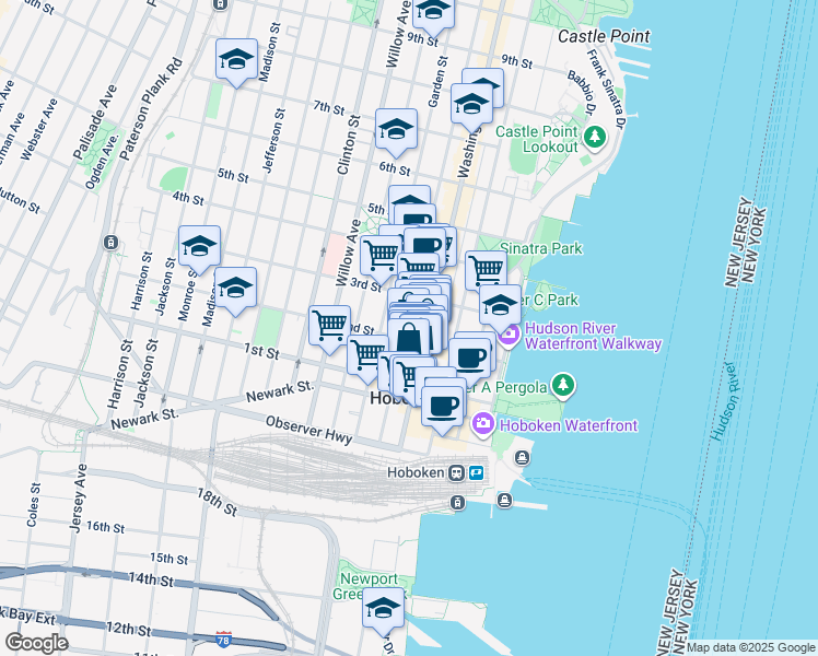 map of restaurants, bars, coffee shops, grocery stores, and more near 128 Washington Street in Hoboken