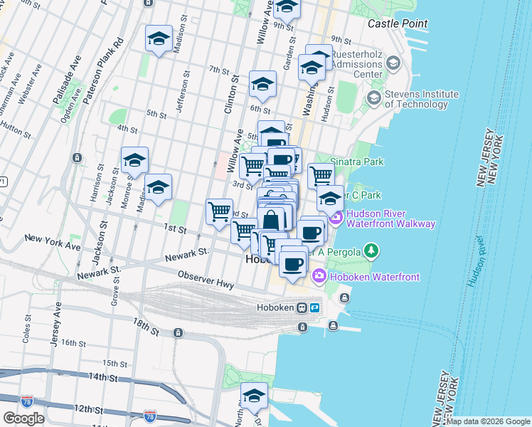 map of restaurants, bars, coffee shops, grocery stores, and more near 128 Washington Street in Hoboken