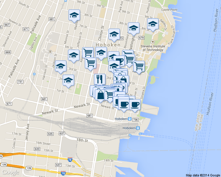 map of restaurants, bars, coffee shops, grocery stores, and more near in Hoboken