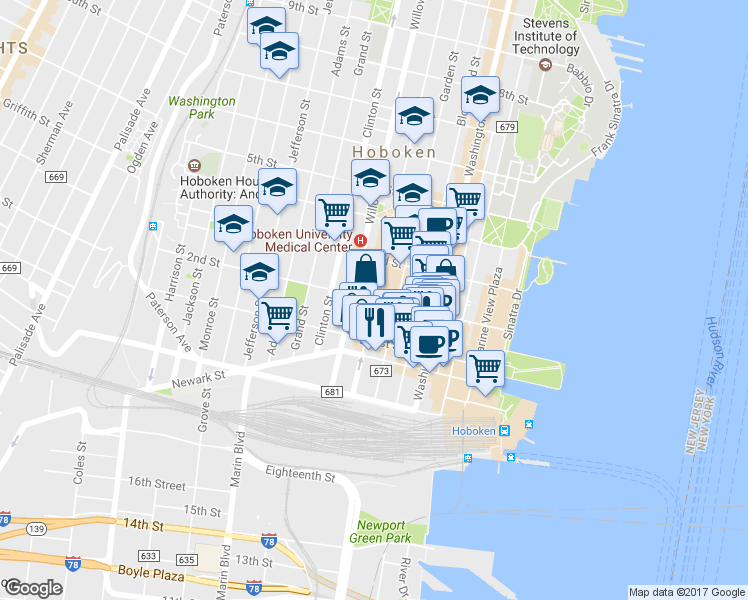 map of restaurants, bars, coffee shops, grocery stores, and more near in Hoboken