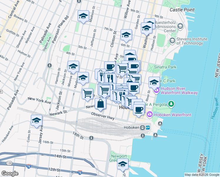 map of restaurants, bars, coffee shops, grocery stores, and more near 109 Willow Avenue in Hoboken