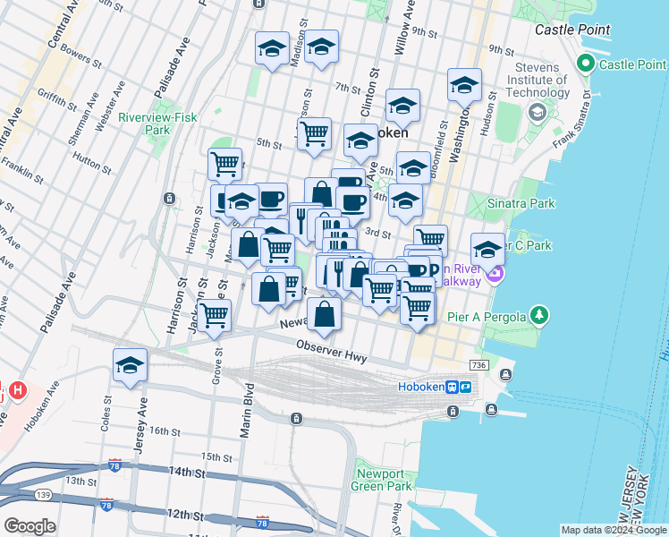 map of restaurants, bars, coffee shops, grocery stores, and more near in Hoboken