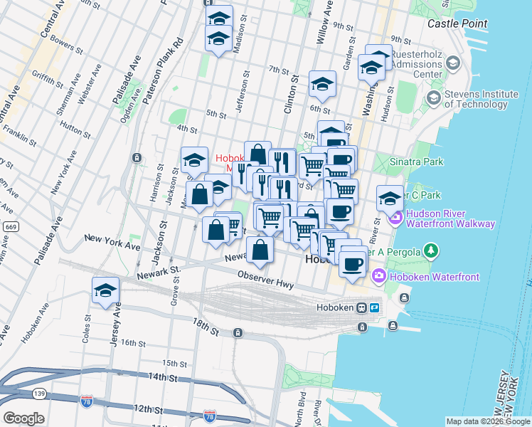 map of restaurants, bars, coffee shops, grocery stores, and more near in Hoboken