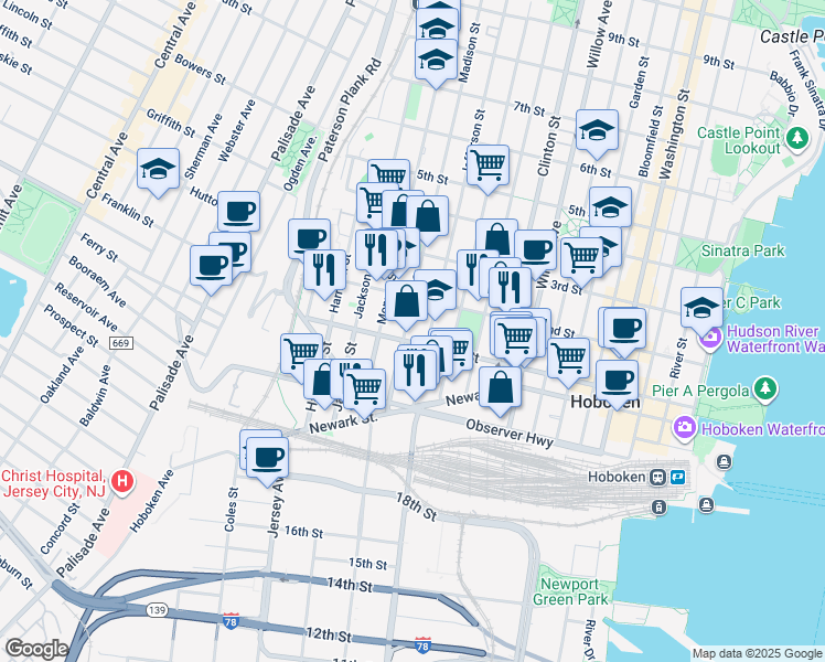 map of restaurants, bars, coffee shops, grocery stores, and more near 92 Jefferson Street in Hoboken