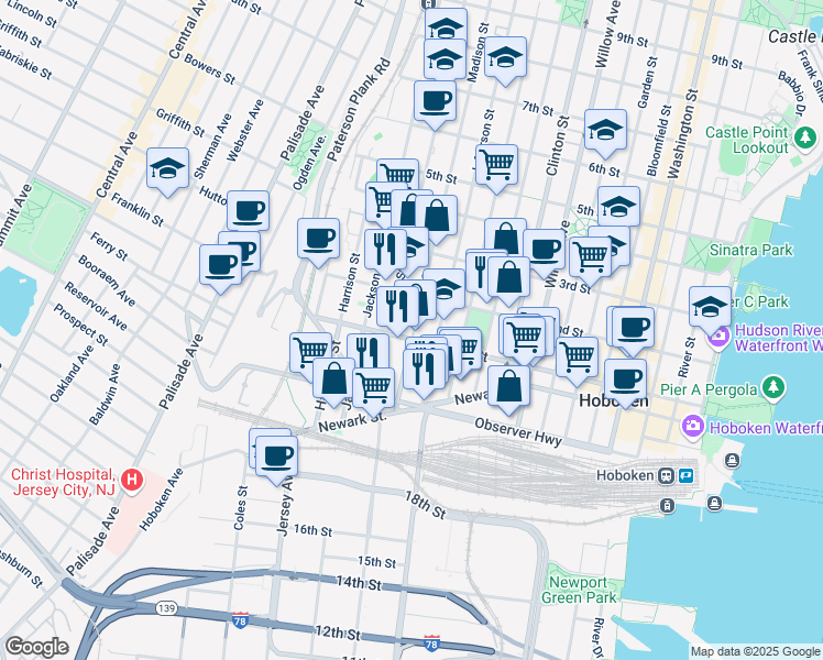 map of restaurants, bars, coffee shops, grocery stores, and more near 92 Jefferson Street in Hoboken