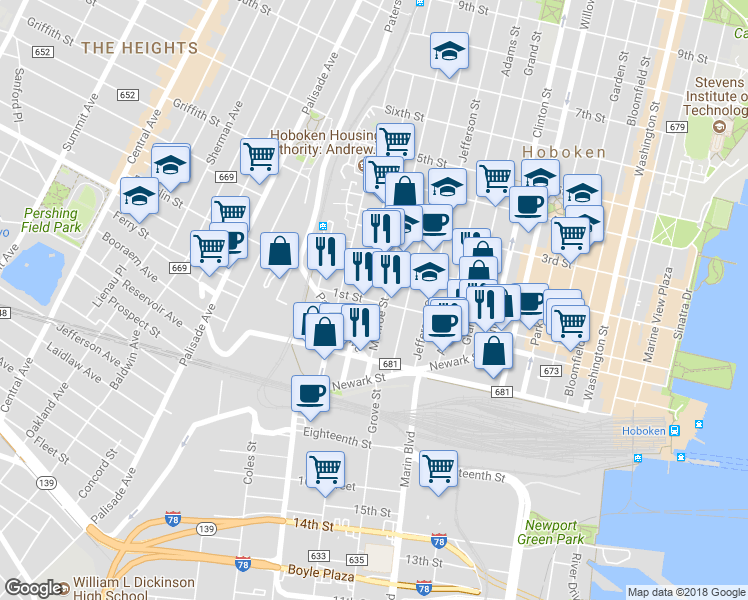 map of restaurants, bars, coffee shops, grocery stores, and more near 83 Monroe Street in Hoboken