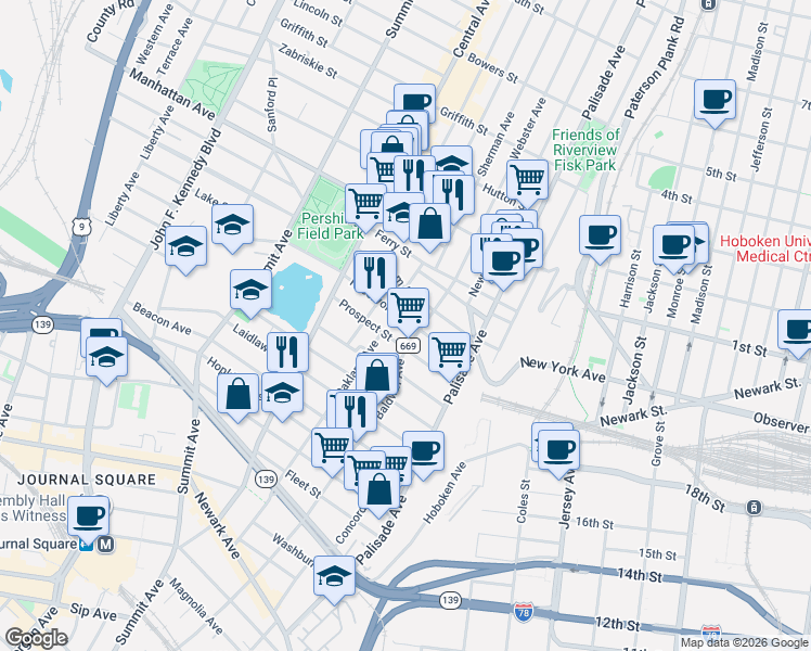 map of restaurants, bars, coffee shops, grocery stores, and more near in Jersey City