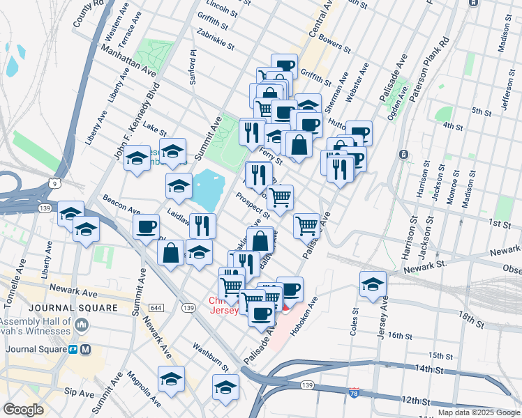 map of restaurants, bars, coffee shops, grocery stores, and more near 173 Oakland Avenue in Jersey City