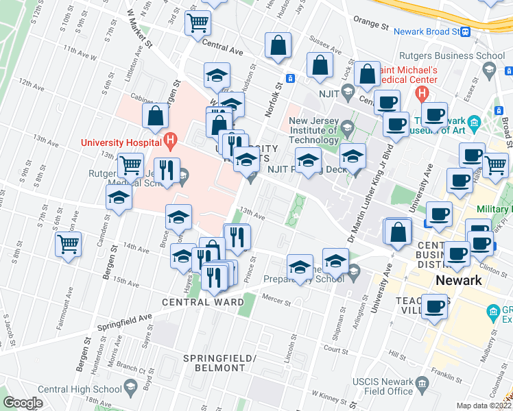 map of restaurants, bars, coffee shops, grocery stores, and more near 52 Richmond Street in Newark