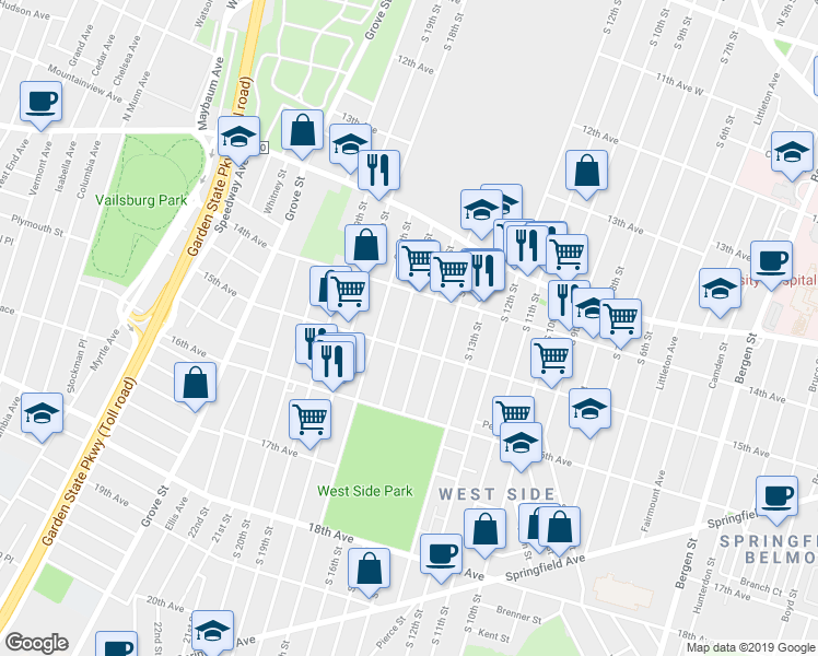 map of restaurants, bars, coffee shops, grocery stores, and more near 579 15th Avenue in Newark