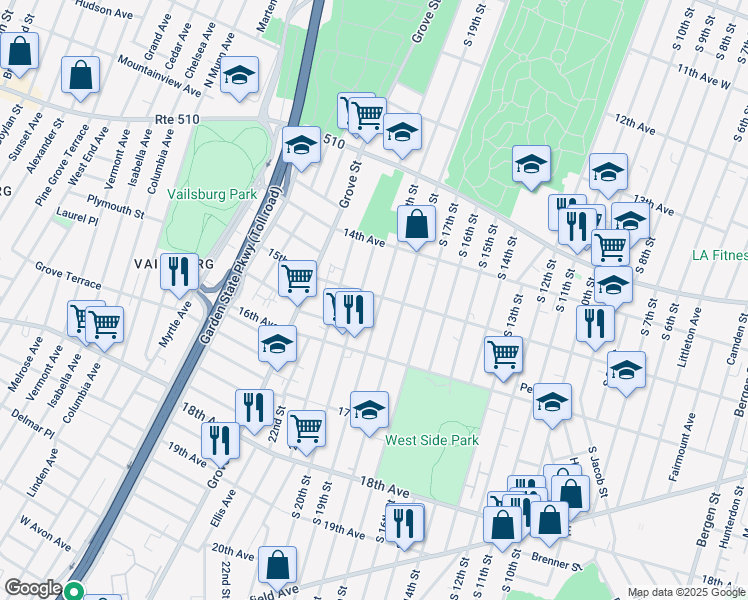 map of restaurants, bars, coffee shops, grocery stores, and more near 525 South 18th Street in Newark