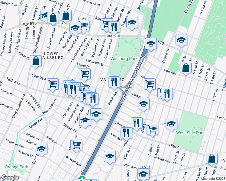 map of restaurants, bars, coffee shops, grocery stores, and more near 388 Myrtle Avenue in Irvington