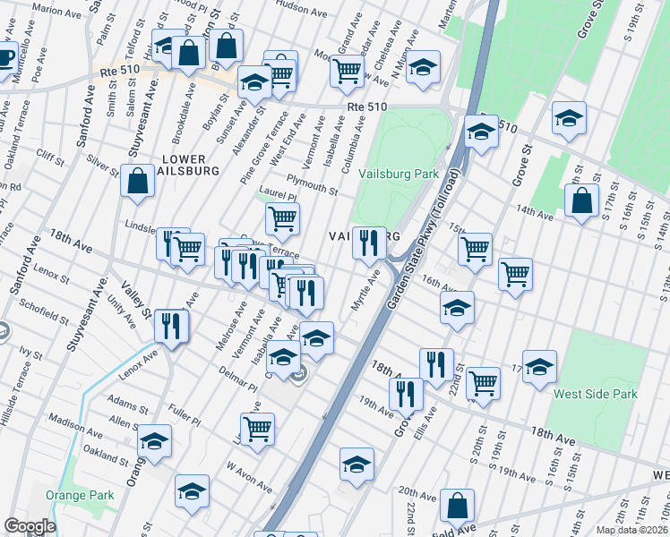 map of restaurants, bars, coffee shops, grocery stores, and more near 194 Munn Avenue in Irvington