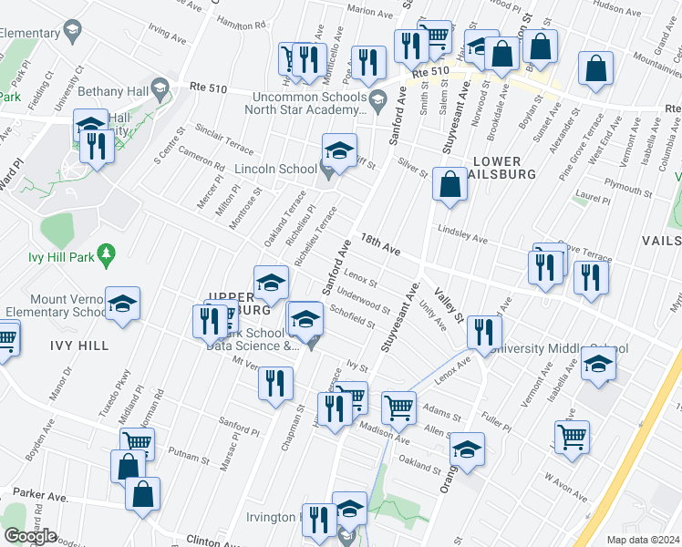 map of restaurants, bars, coffee shops, grocery stores, and more near 130 Underwood Street in Newark