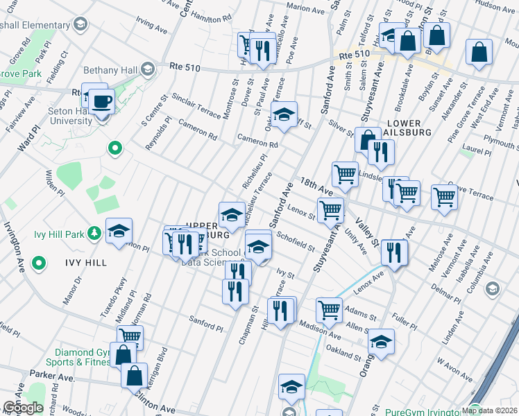 map of restaurants, bars, coffee shops, grocery stores, and more near 15 Varsity Court in Newark