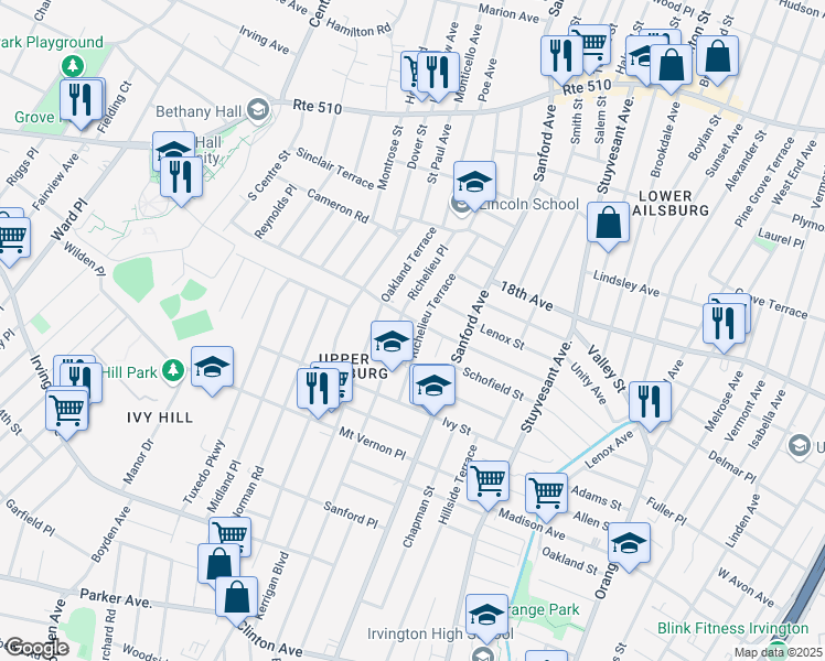 map of restaurants, bars, coffee shops, grocery stores, and more near 326 Ellery Avenue in Newark