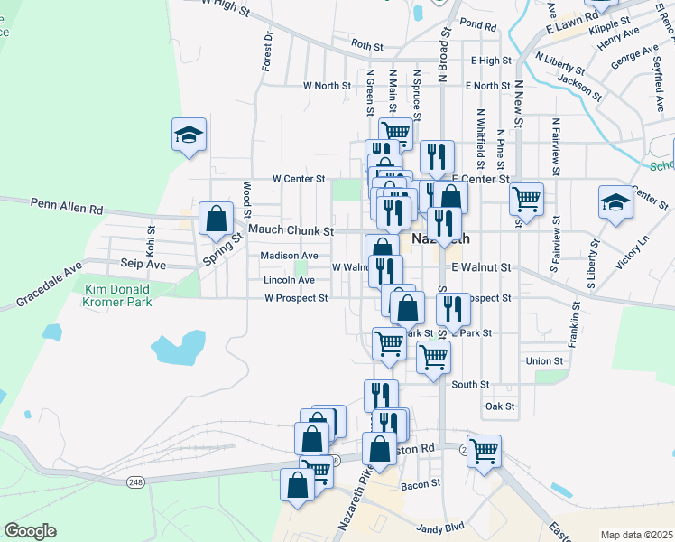 map of restaurants, bars, coffee shops, grocery stores, and more near 145 South Church Street in Nazareth
