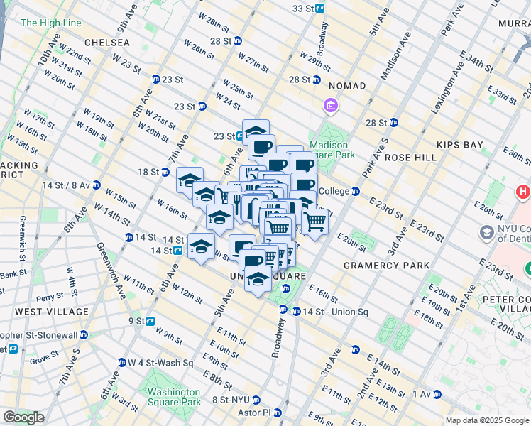 map of restaurants, bars, coffee shops, grocery stores, and more near in New York