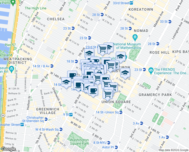 map of restaurants, bars, coffee shops, grocery stores, and more near 55 West 17th Street in New York