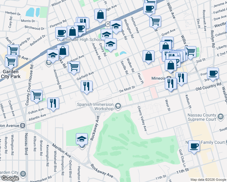map of restaurants, bars, coffee shops, grocery stores, and more near 62 11th Avenue in Mineola