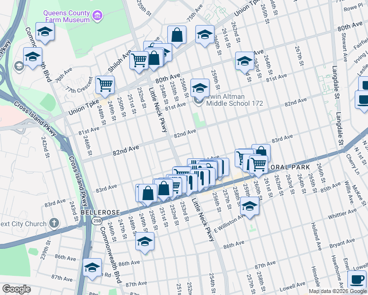 map of restaurants, bars, coffee shops, grocery stores, and more near 254-16 82nd Drive in Queens