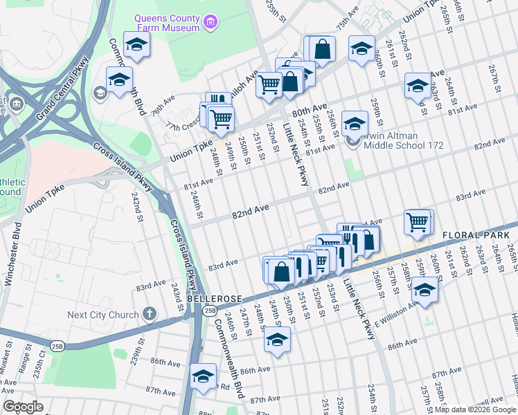 map of restaurants, bars, coffee shops, grocery stores, and more near 82-24 250th Street in Queens