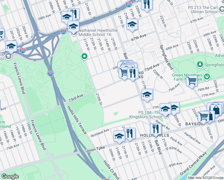 map of restaurants, bars, coffee shops, grocery stores, and more near 210-11 75th Avenue in Queens