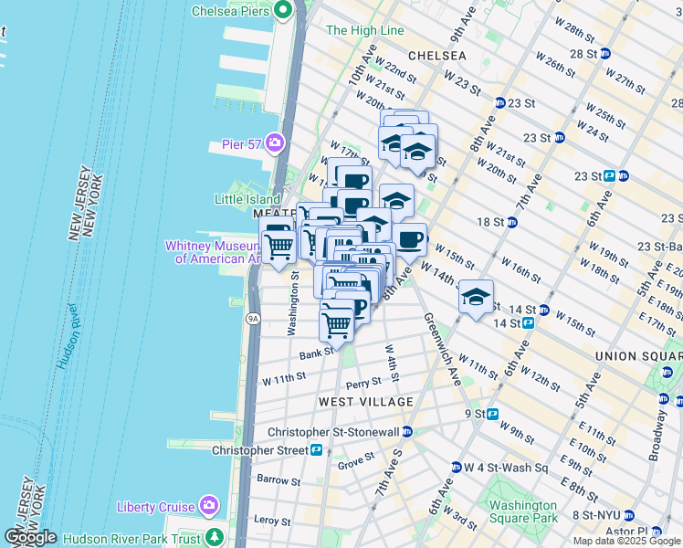 map of restaurants, bars, coffee shops, grocery stores, and more near 616 Hudson Street in New York