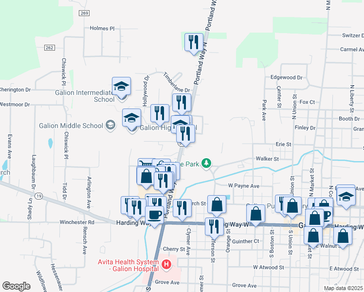 map of restaurants, bars, coffee shops, grocery stores, and more near 478 Portland Way North in Galion