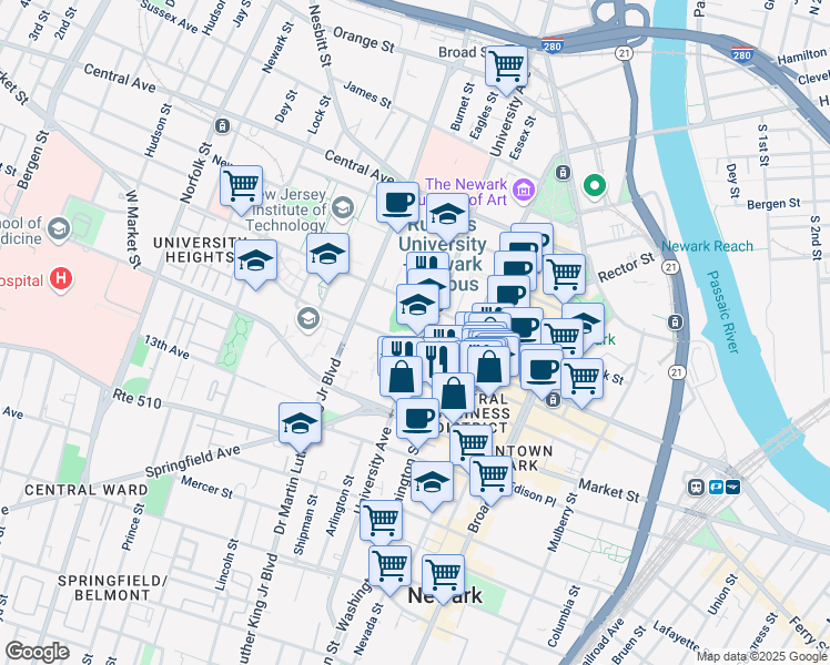 map of restaurants, bars, coffee shops, grocery stores, and more near 249 University Avenue in Newark