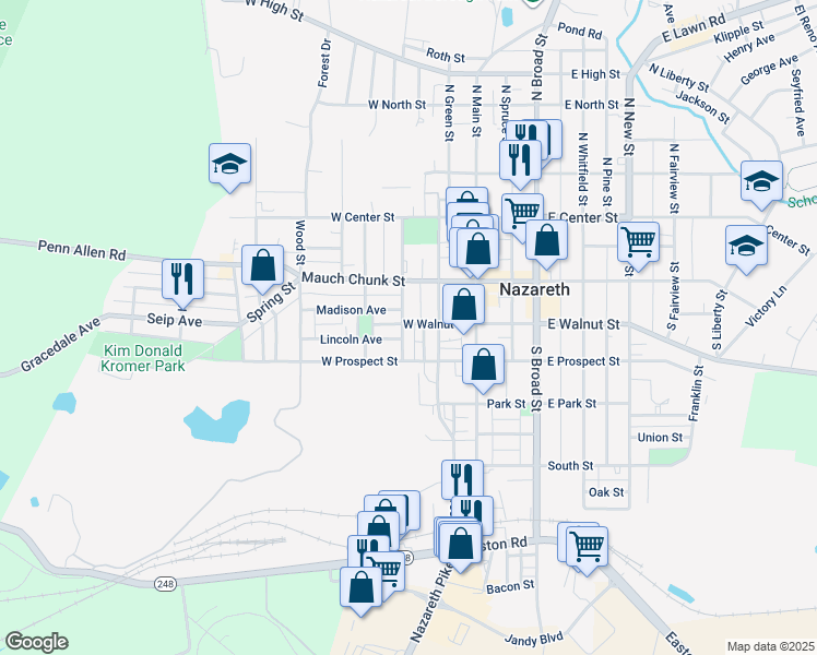 map of restaurants, bars, coffee shops, grocery stores, and more near 145 South Church Street in Nazareth