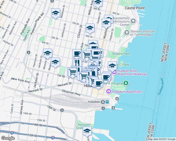 map of restaurants, bars, coffee shops, grocery stores, and more near in Hoboken