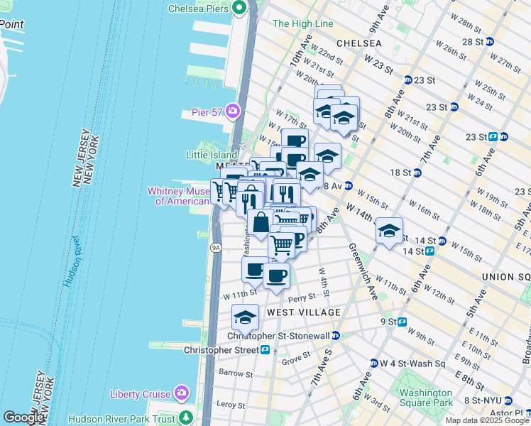 map of restaurants, bars, coffee shops, grocery stores, and more near 842-846 Greenwich Street in New York