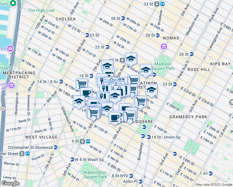 map of restaurants, bars, coffee shops, grocery stores, and more near 43 West 16th Street in New York