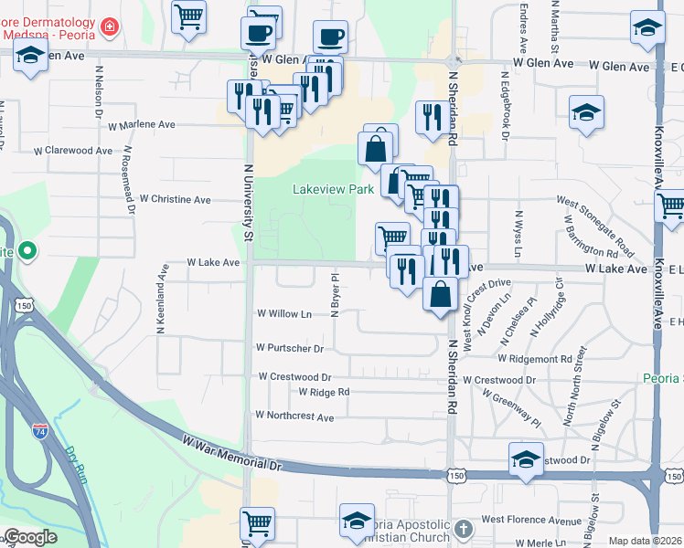 map of restaurants, bars, coffee shops, grocery stores, and more near 4116 North Bryer Place in Peoria