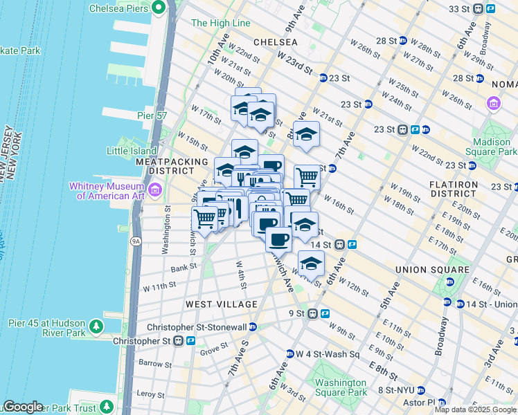 map of restaurants, bars, coffee shops, grocery stores, and more near 122 Greenwich Avenue in New York