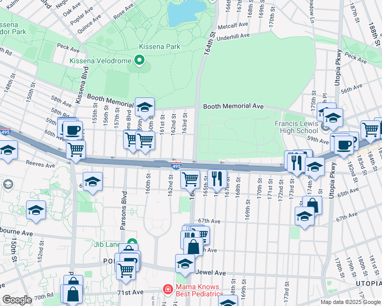 map of restaurants, bars, coffee shops, grocery stores, and more near 59-40 164th Street in Queens