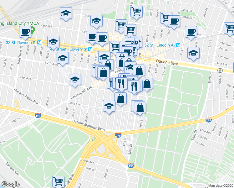 map of restaurants, bars, coffee shops, grocery stores, and more near 44-20 48th Avenue in Queens