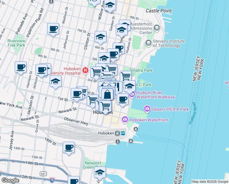 map of restaurants, bars, coffee shops, grocery stores, and more near 219 Court Street in Hoboken